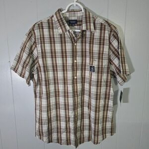 NWT Sonoma Life + Style Men's M Short Sleeve Button Down Shirt Brown Tan Plaid